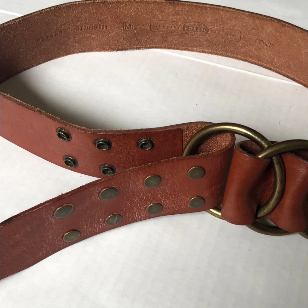 Fossil Wide Brown Leather Belt Brass Rings and Snaps 36-37